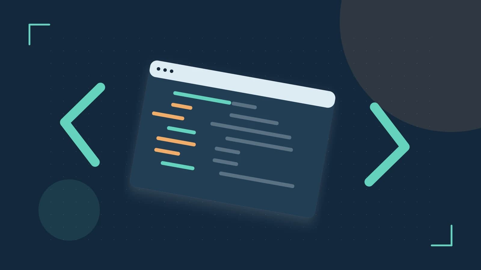 Editorial illustration of an abstract code editor, syntax blocks and oversized programming brackets