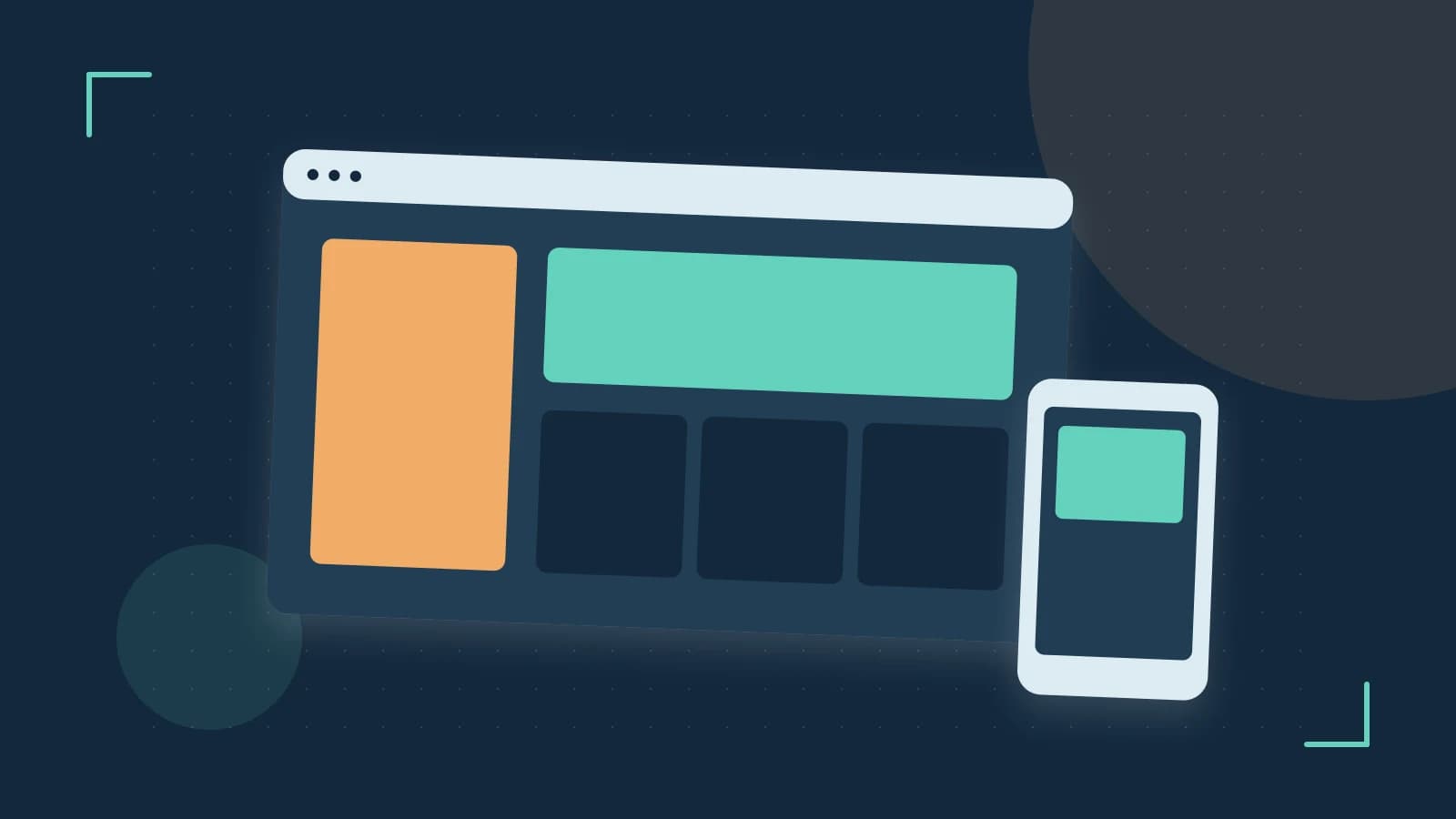 Editorial illustration of responsive browser layouts, overlapping design components and a color system