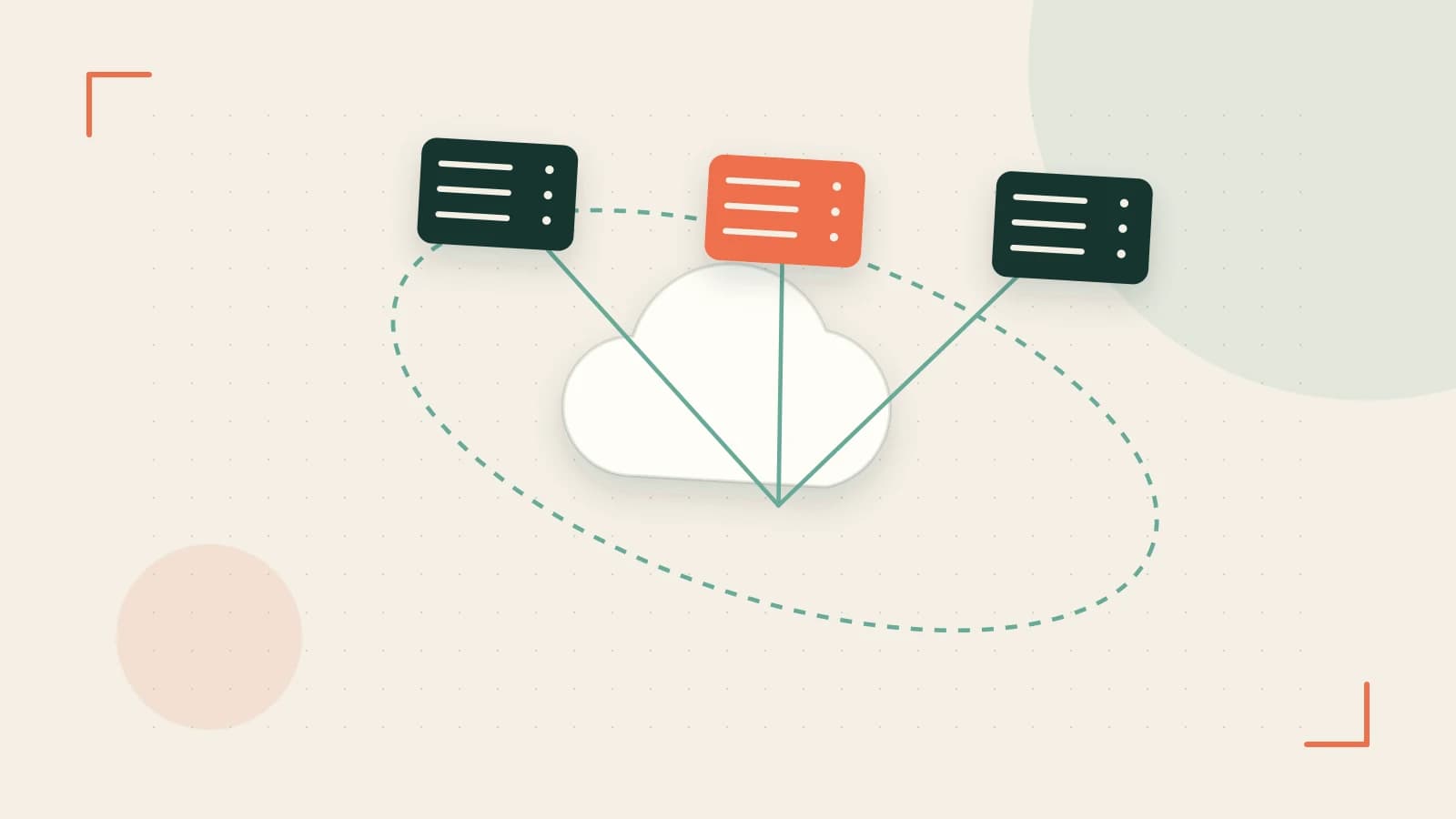 Editorial illustration of cloud infrastructure, connected server racks and an orbital service map