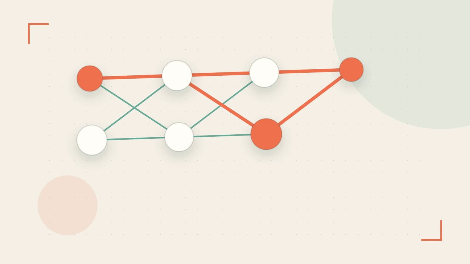 Editorial illustration of an algorithmic node graph with branching paths and a highlighted result