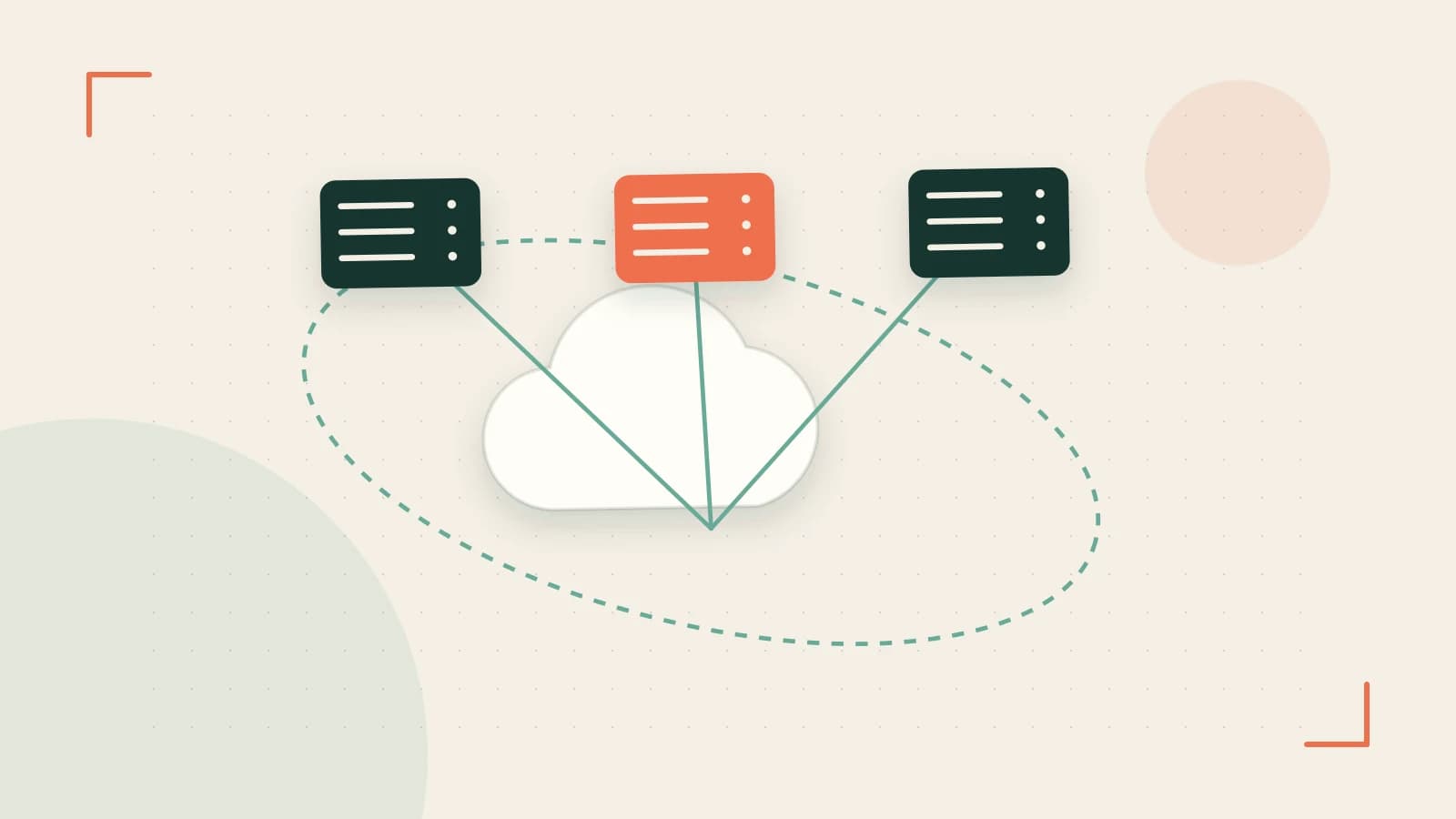 Editorial illustration of cloud infrastructure, connected server racks and an orbital service map