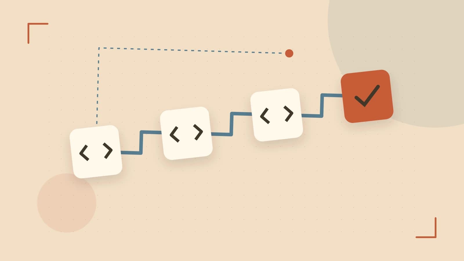Editorial illustration of a branching build pipeline, staged transformations and a completed check