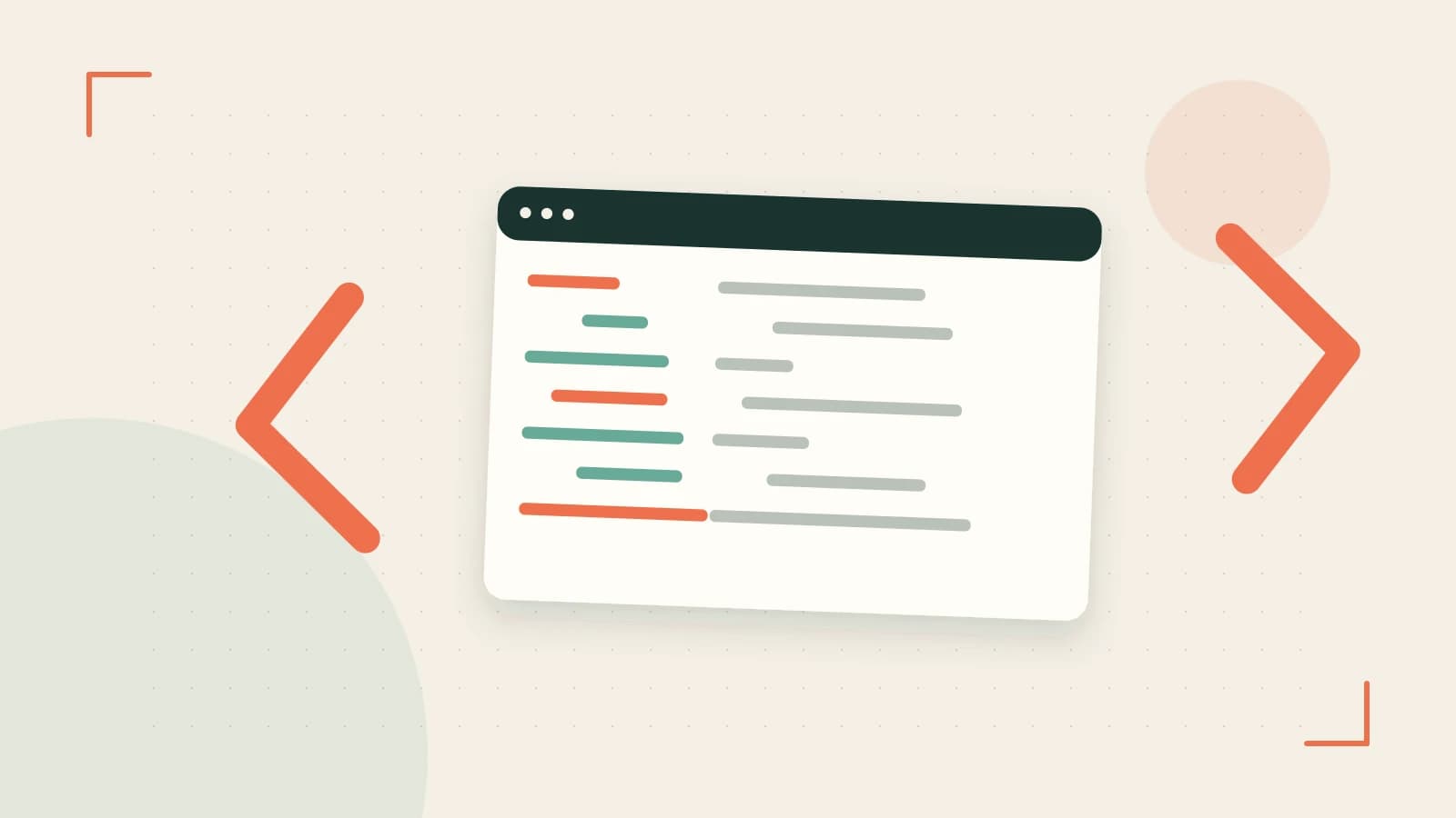 Editorial illustration of an abstract code editor, syntax blocks and oversized programming brackets