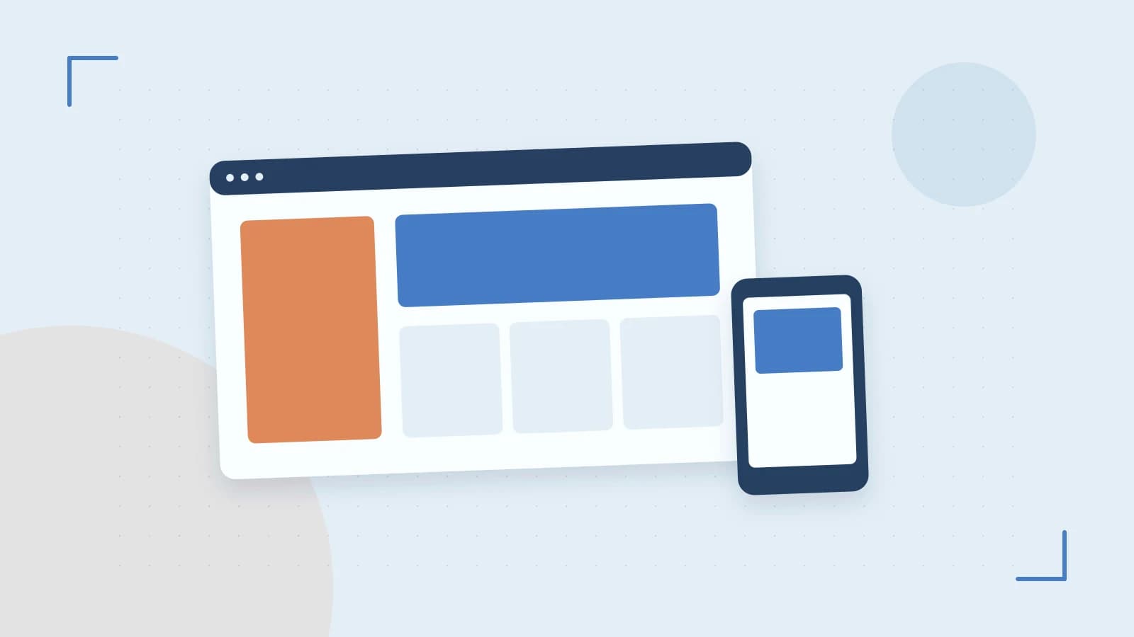 Editorial illustration of responsive browser layouts, overlapping design components and a color system