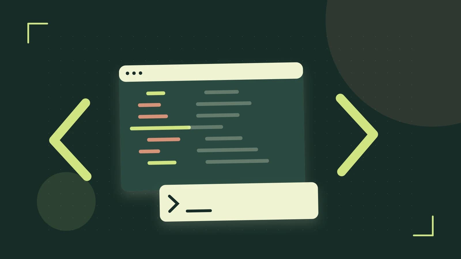 Editorial illustration of an abstract code editor, syntax blocks and oversized programming brackets