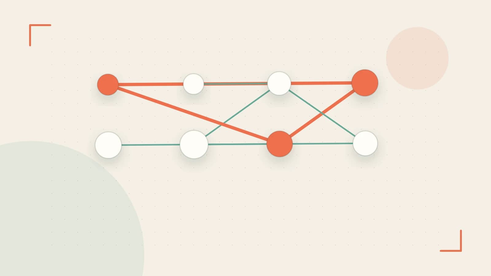 Editorial illustration of an algorithmic node graph with branching paths and a highlighted result