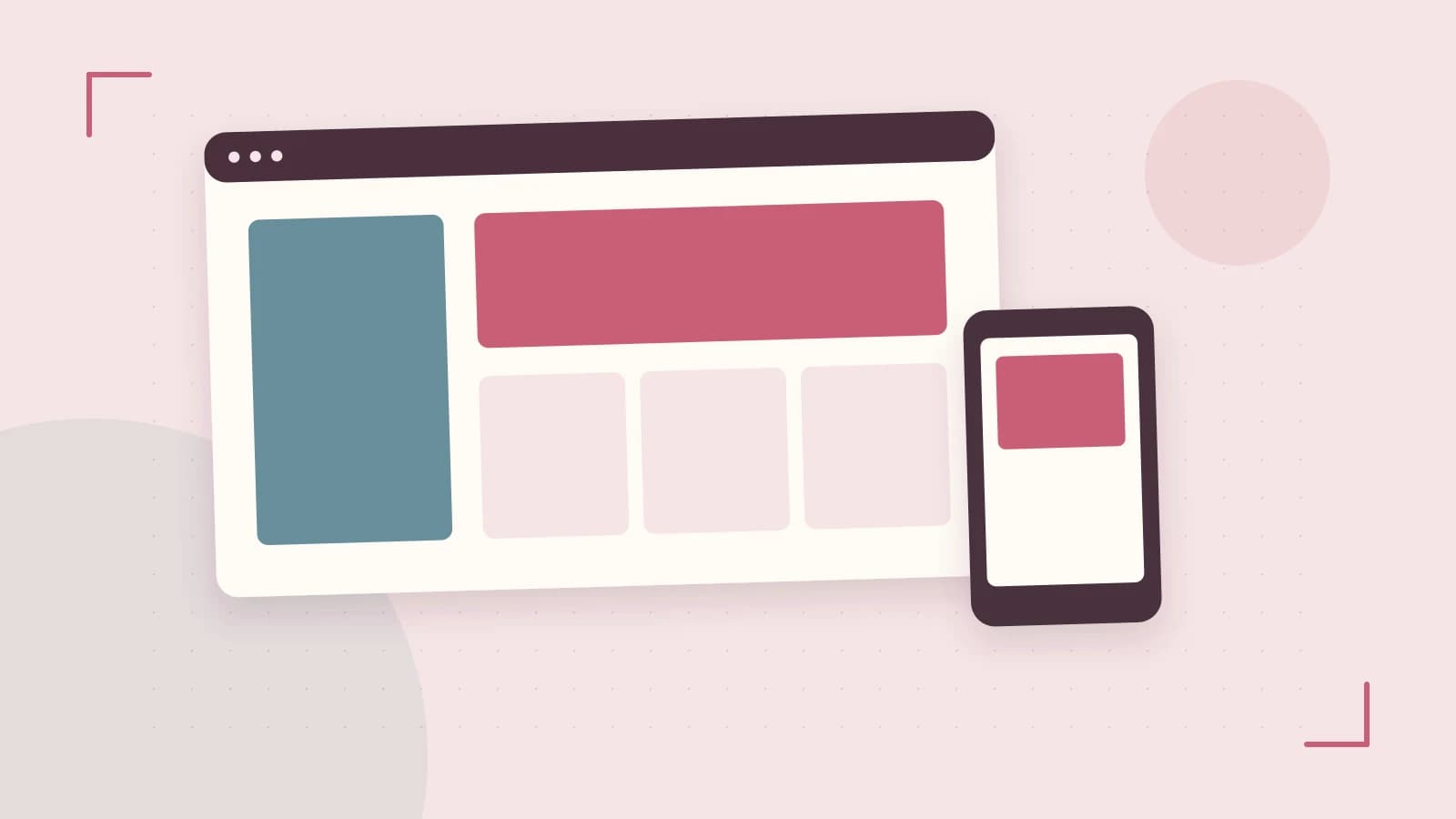 Editorial illustration of responsive browser layouts, overlapping design components and a color system