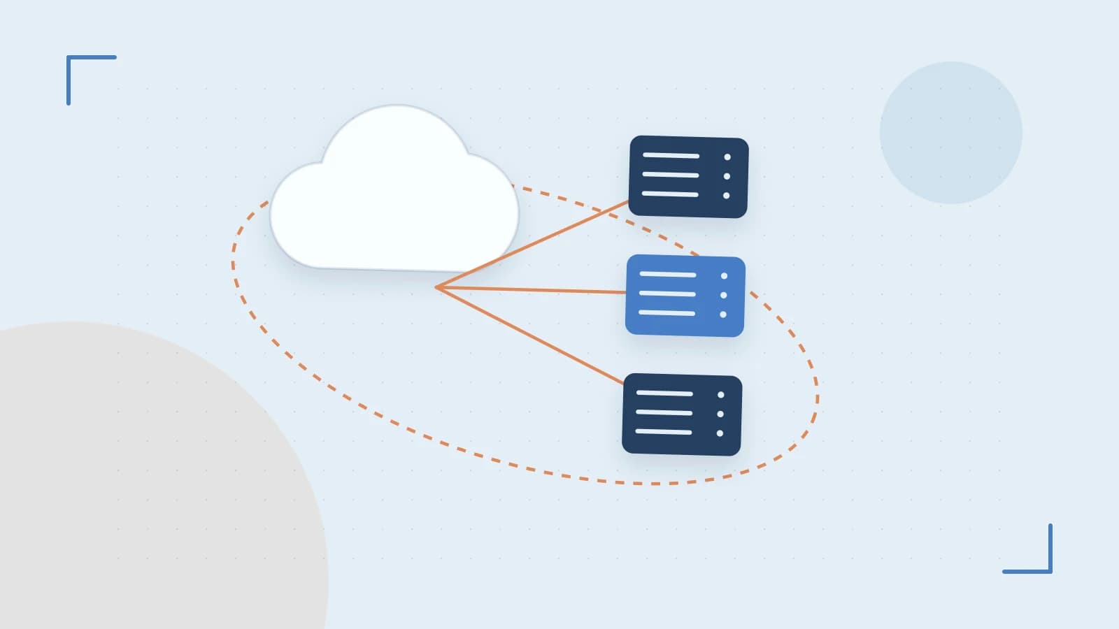 Editorial illustration of cloud infrastructure, connected server racks and an orbital service map