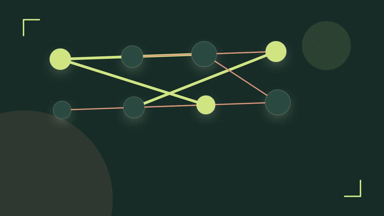 Editorial illustration of an algorithmic node graph with branching paths and a highlighted result
