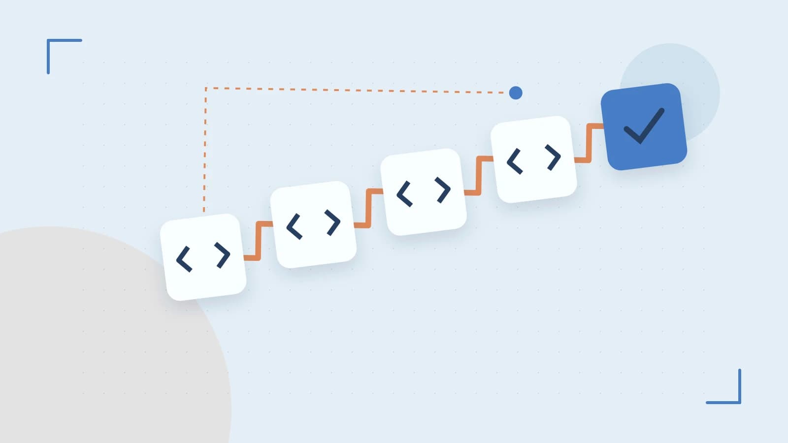 Editorial illustration of a branching build pipeline, staged transformations and a completed check