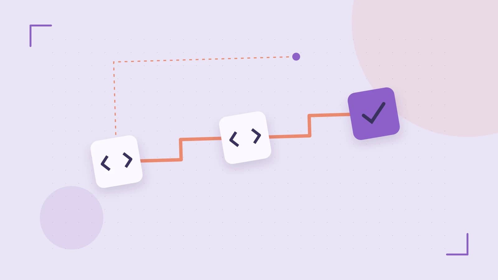 Editorial illustration of a branching build pipeline, staged transformations and a completed check