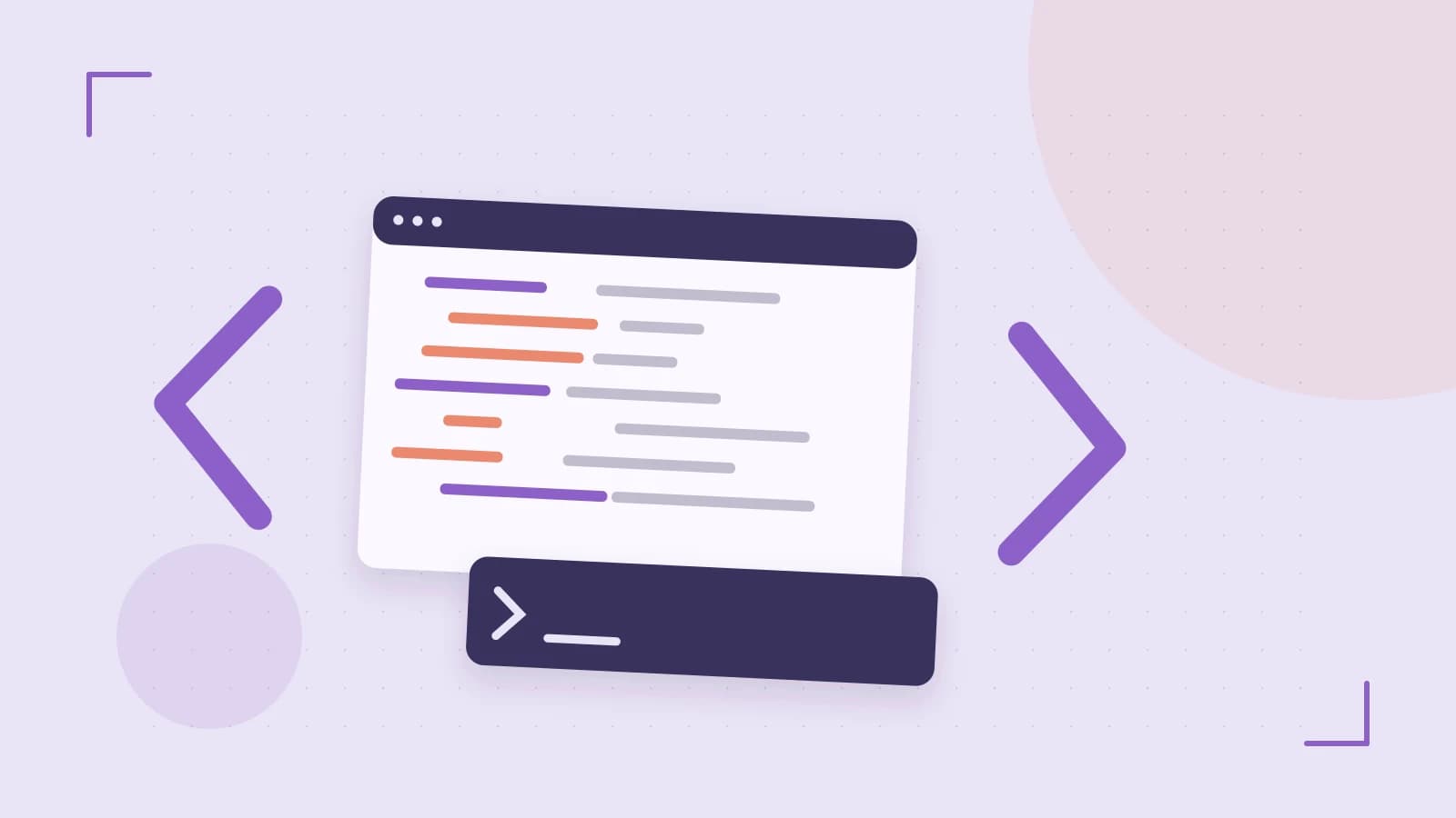 Editorial illustration of an abstract code editor, syntax blocks and oversized programming brackets