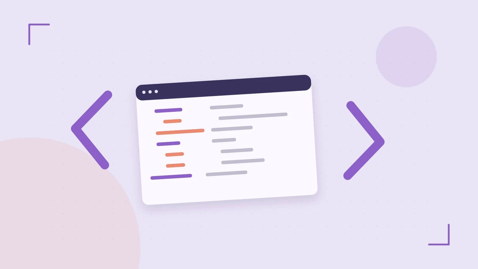 Editorial illustration of an abstract code editor, syntax blocks and oversized programming brackets
