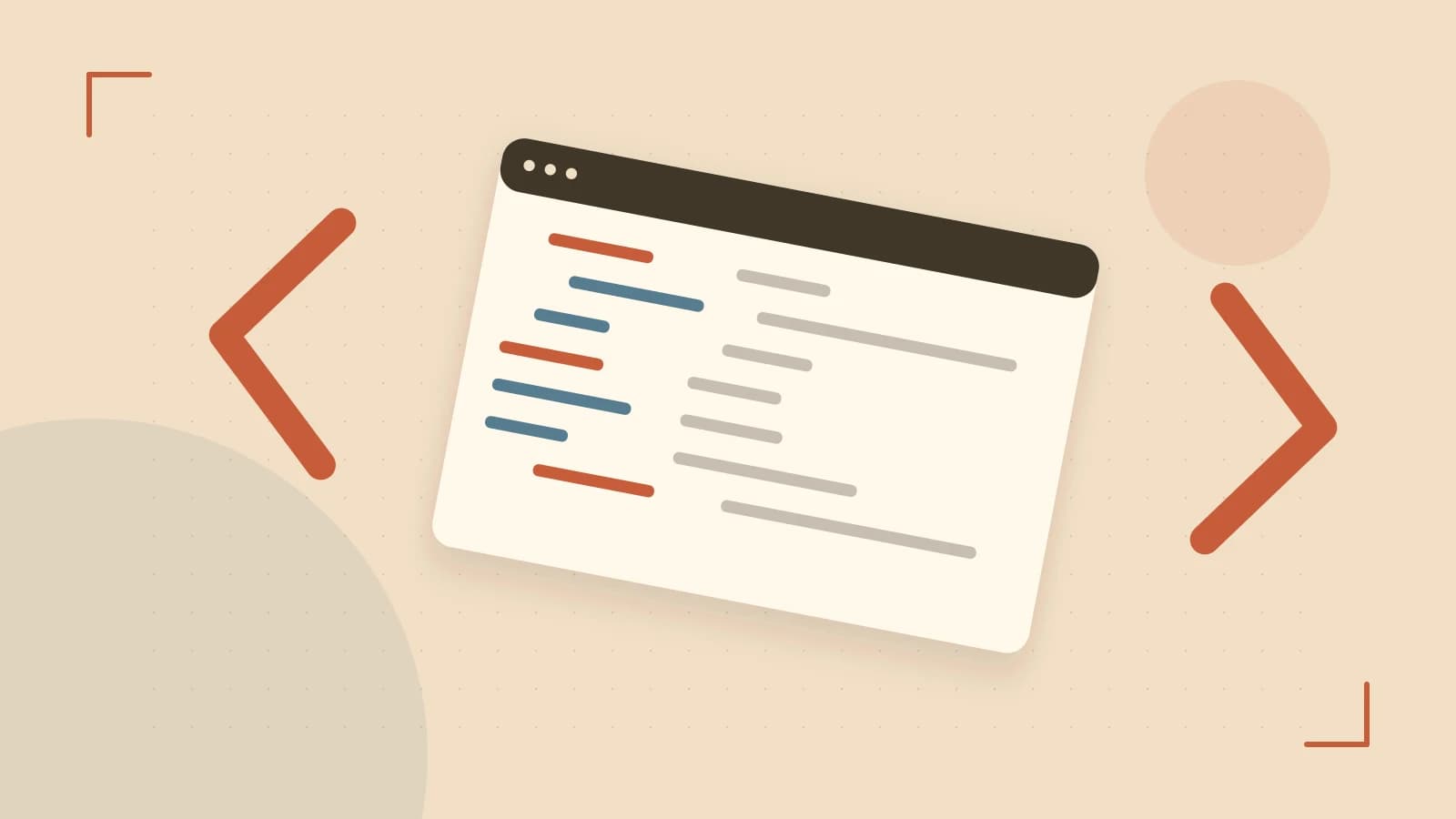 Editorial illustration of an abstract code editor, syntax blocks and oversized programming brackets