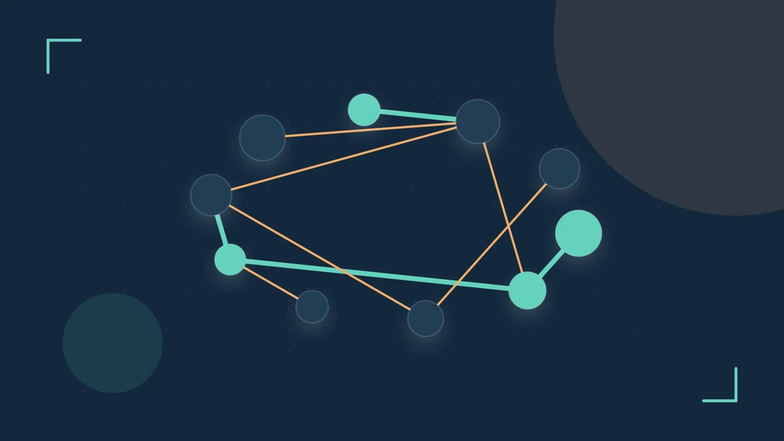 Editorial illustration of an algorithmic node graph with branching paths and a highlighted result