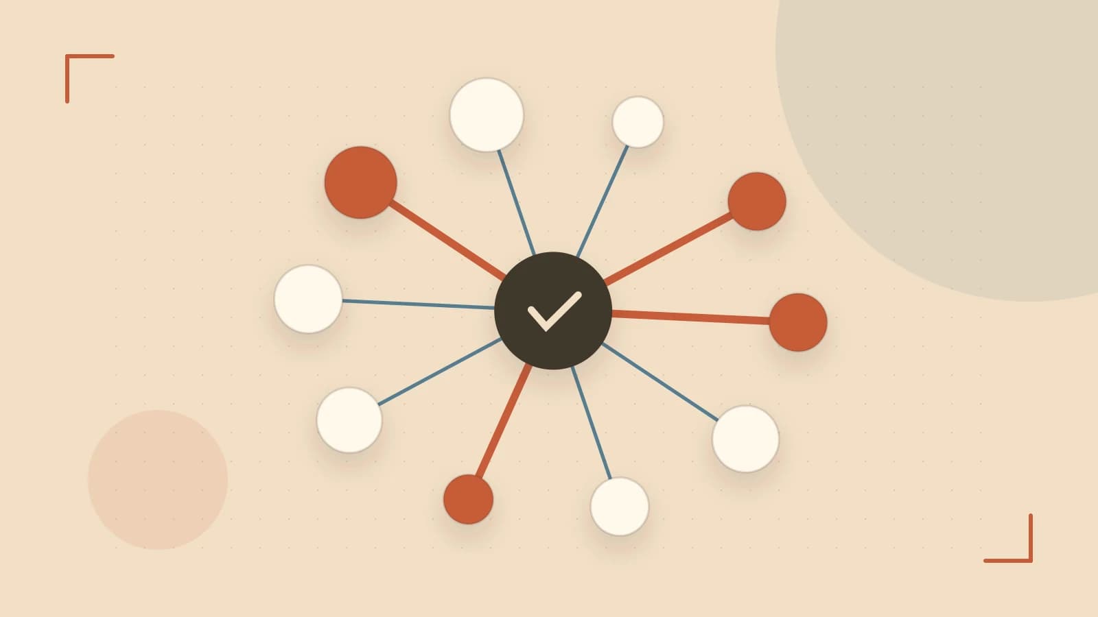 Editorial illustration of an algorithmic node graph with branching paths and a highlighted result