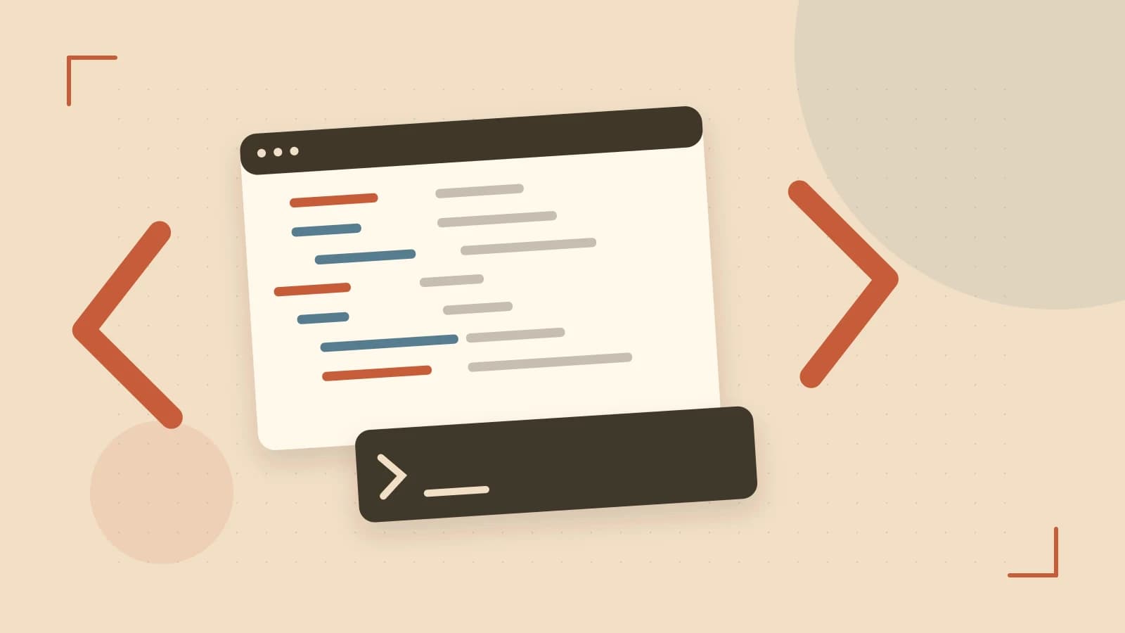Editorial illustration of an abstract code editor, syntax blocks and oversized programming brackets