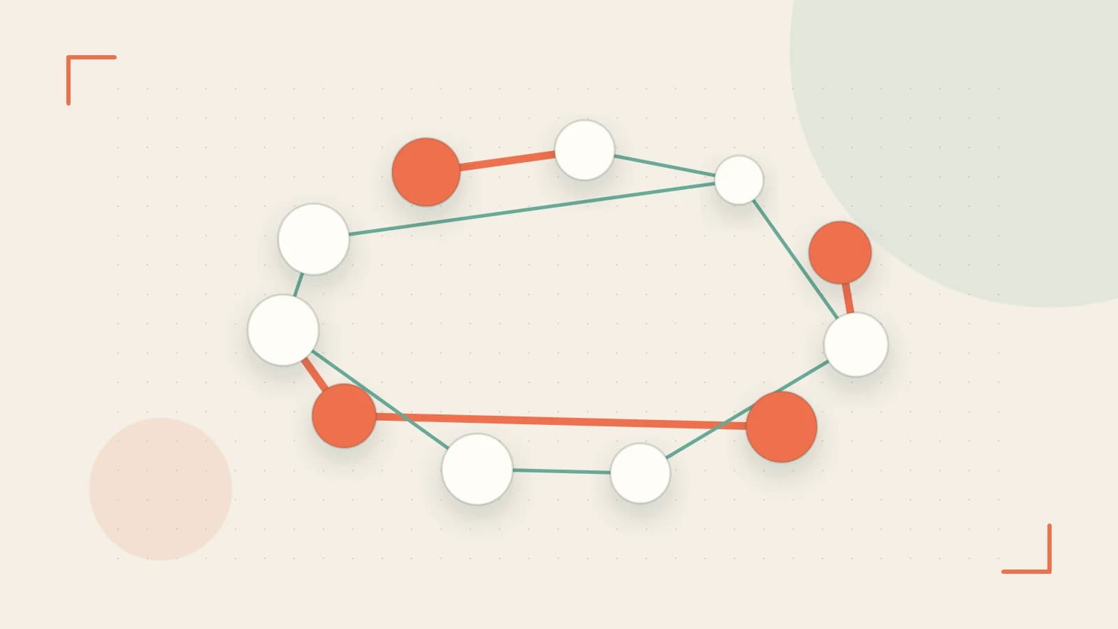 Editorial illustration of an algorithmic node graph with branching paths and a highlighted result