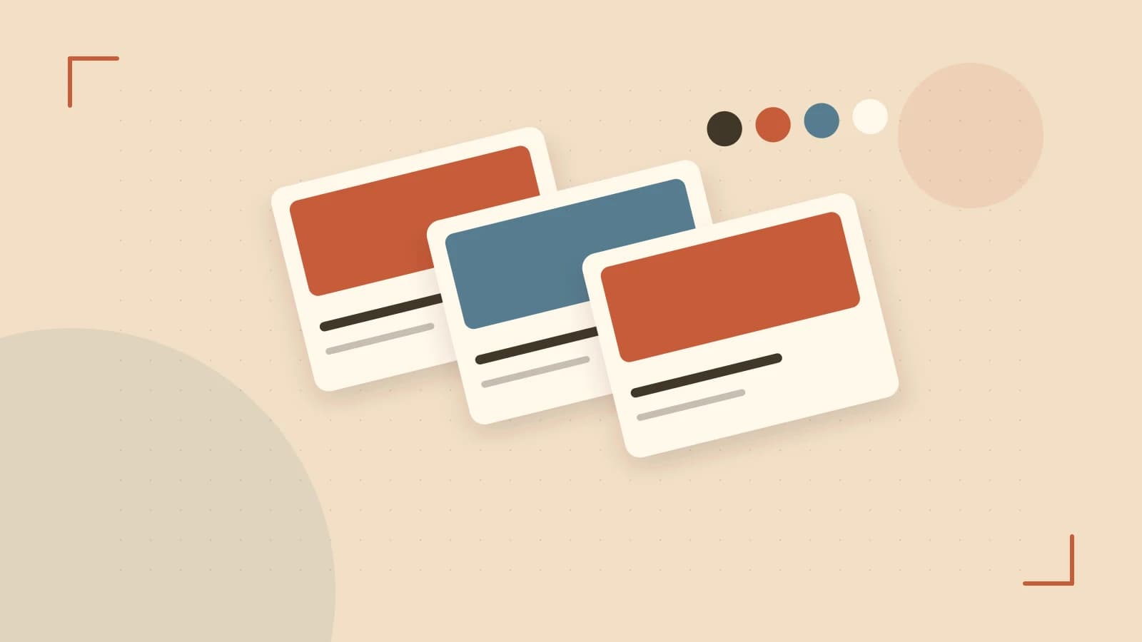 Editorial illustration of responsive browser layouts, overlapping design components and a color system