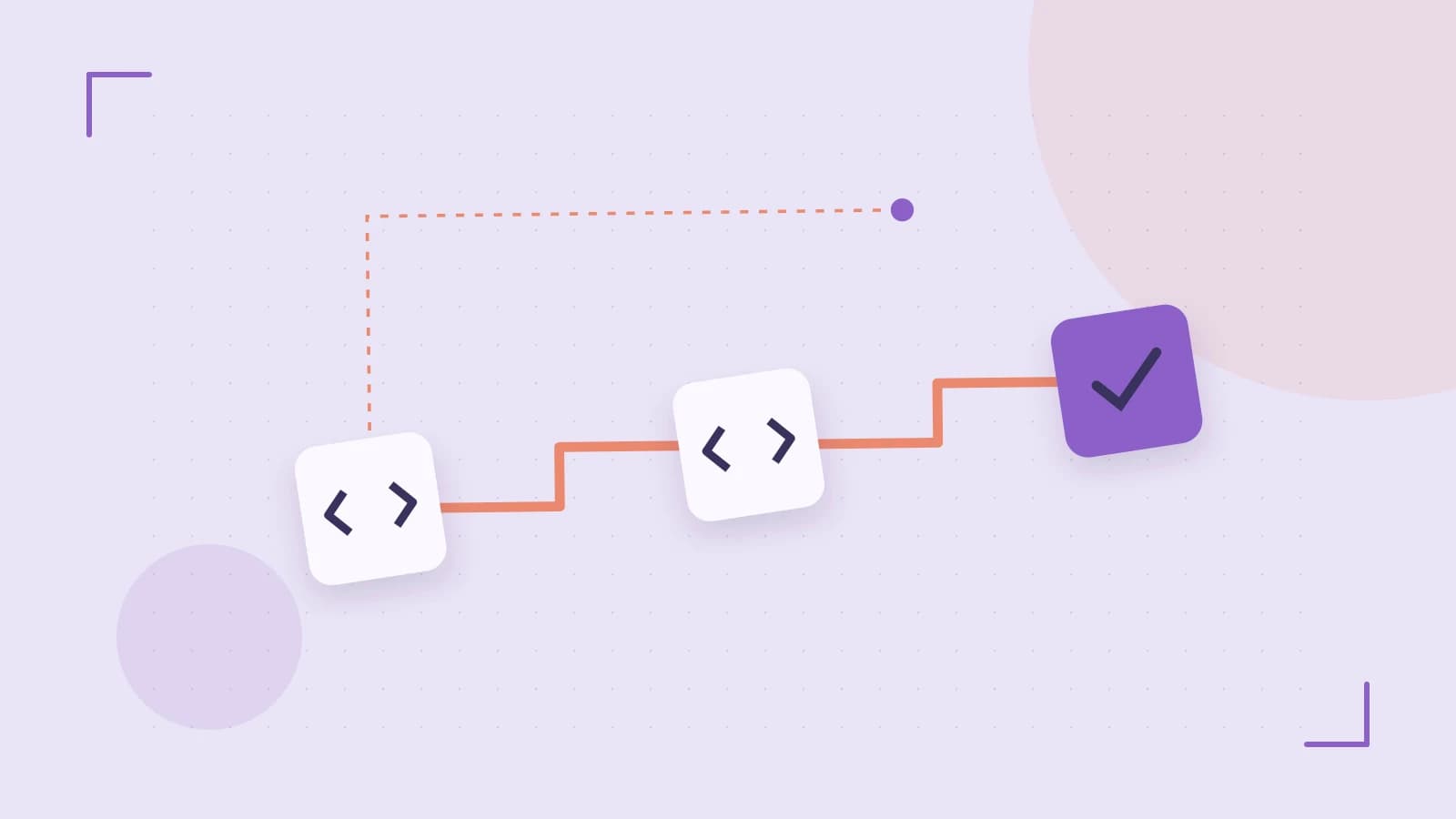 Editorial illustration of a branching build pipeline, staged transformations and a completed check