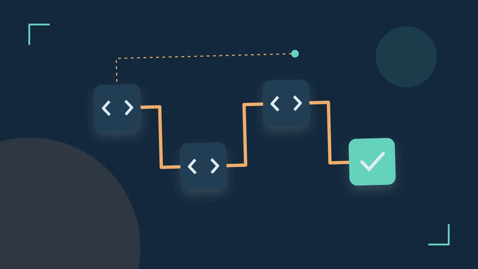 Editorial illustration of a branching build pipeline, staged transformations and a completed check
