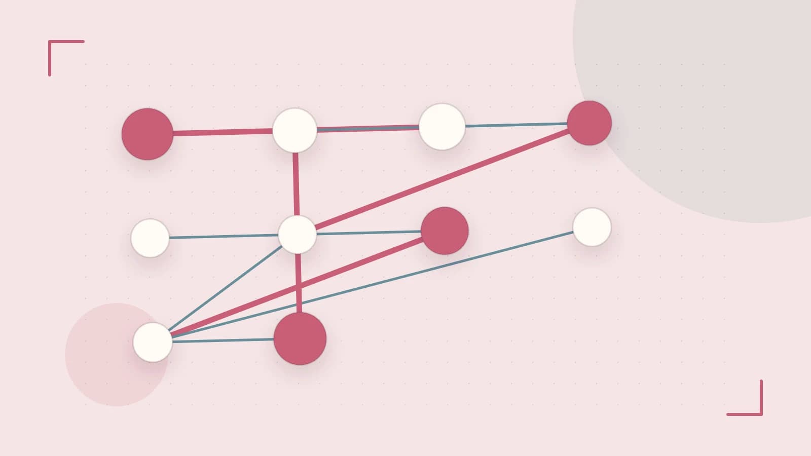 Editorial illustration of an algorithmic node graph with branching paths and a highlighted result