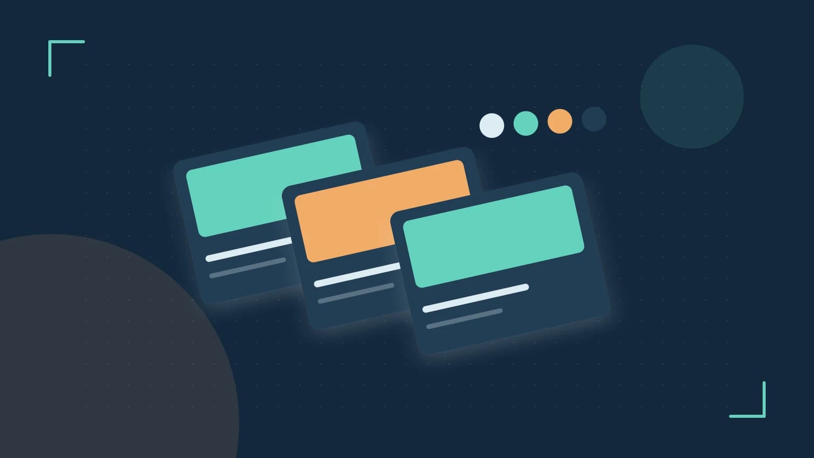 Editorial illustration of responsive browser layouts, overlapping design components and a color system