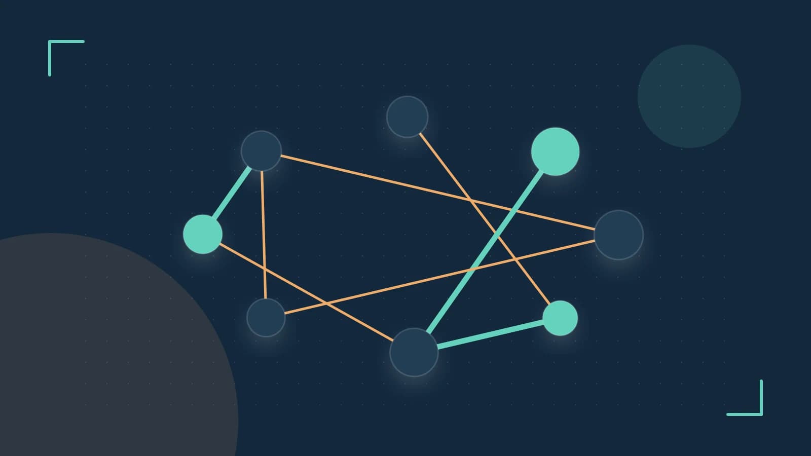 Editorial illustration of an algorithmic node graph with branching paths and a highlighted result