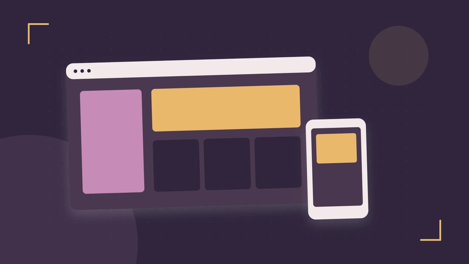 Editorial illustration of responsive browser layouts, overlapping design components and a color system