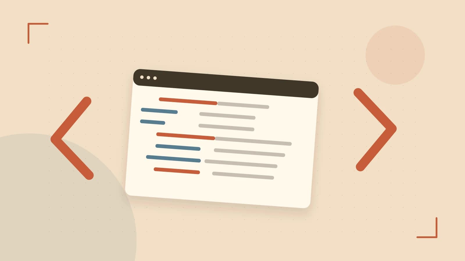Editorial illustration of an abstract code editor, syntax blocks and oversized programming brackets