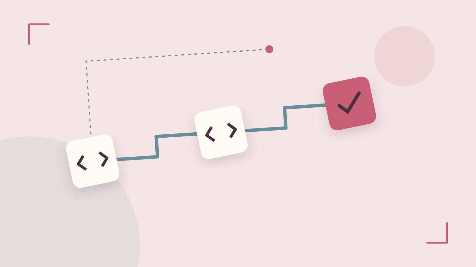 Editorial illustration of a branching build pipeline, staged transformations and a completed check