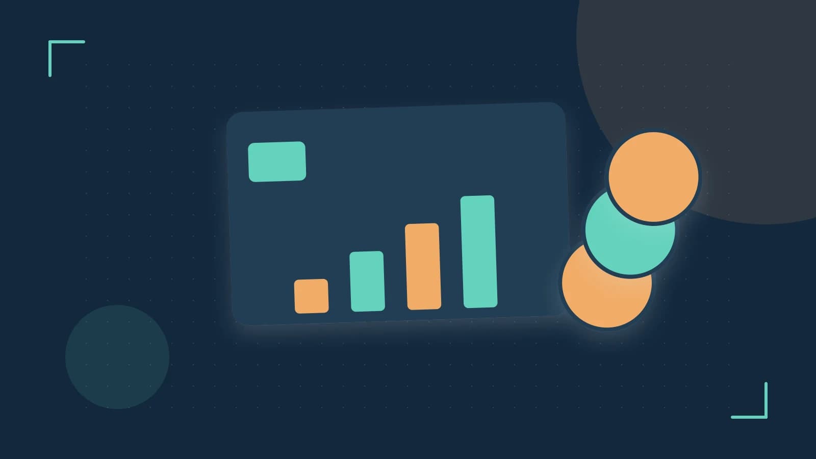 Editorial illustration of abstract coins, a payment card and a geometric financial chart without data labels