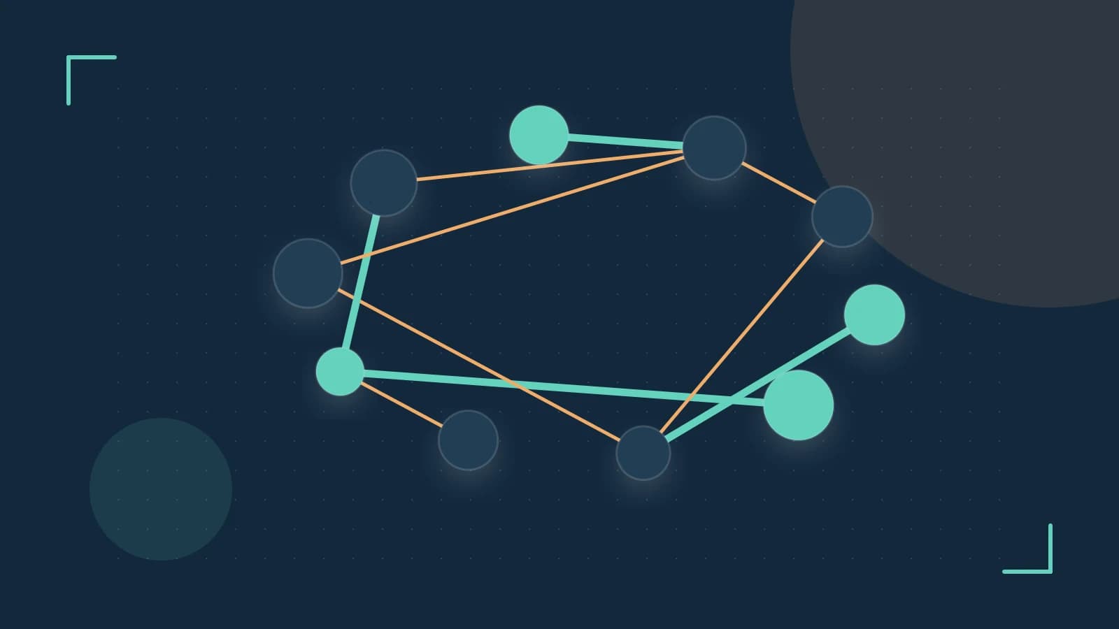 Editorial illustration of an algorithmic node graph with branching paths and a highlighted result