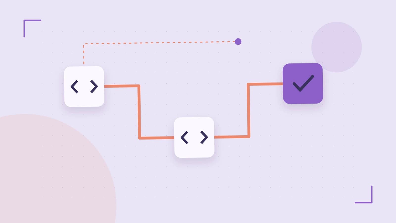 Editorial illustration of a branching build pipeline, staged transformations and a completed check