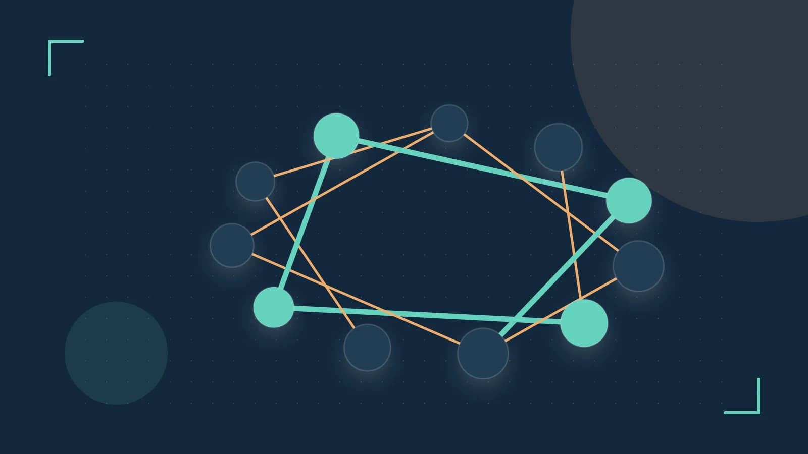 Editorial illustration of an algorithmic node graph with branching paths and a highlighted result