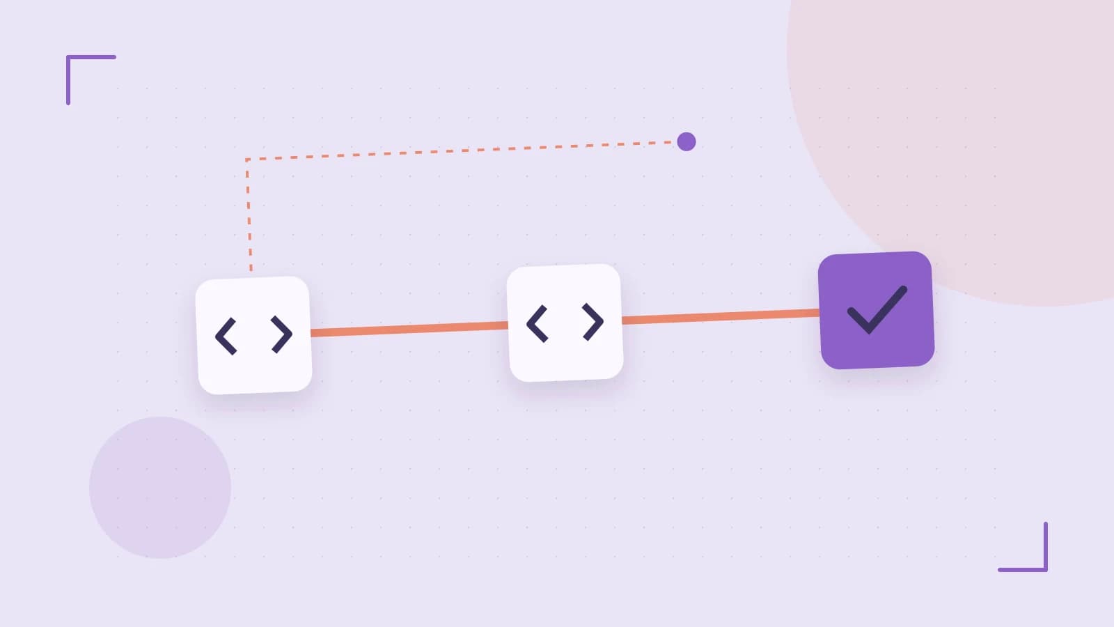 Editorial illustration of a branching build pipeline, staged transformations and a completed check