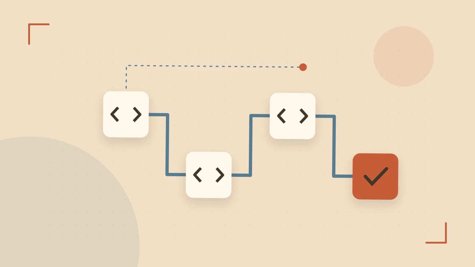 Editorial illustration of a branching build pipeline, staged transformations and a completed check