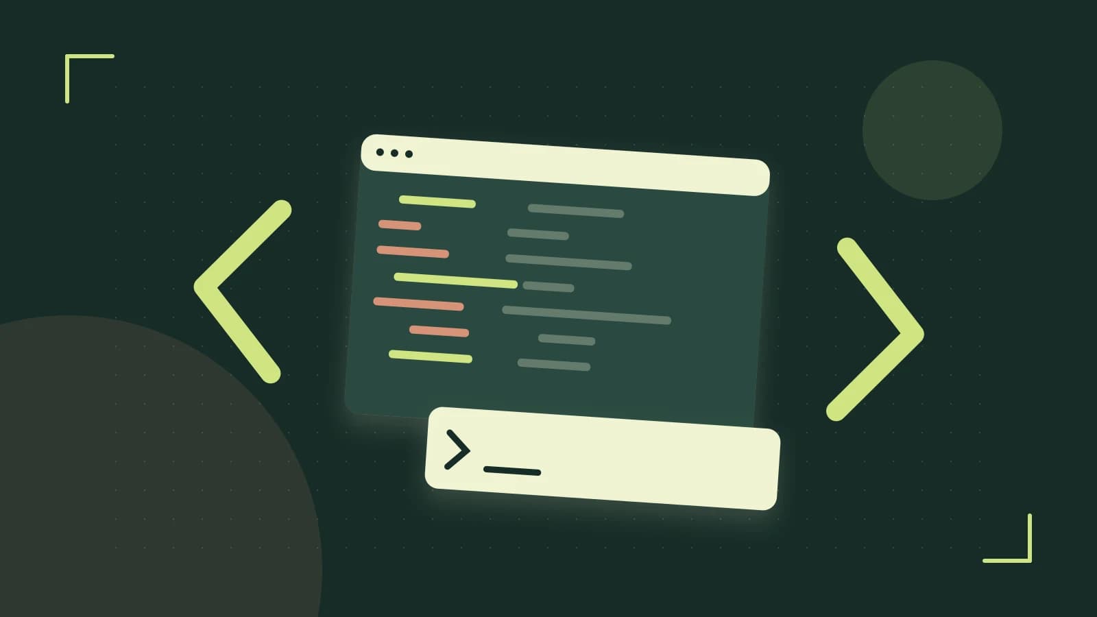 Editorial illustration of an abstract code editor, syntax blocks and oversized programming brackets