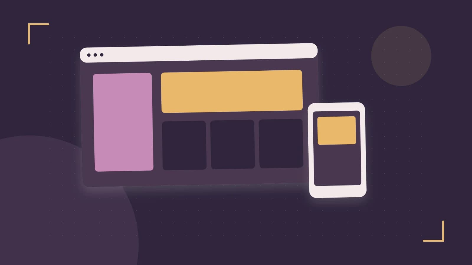 Editorial illustration of responsive browser layouts, overlapping design components and a color system