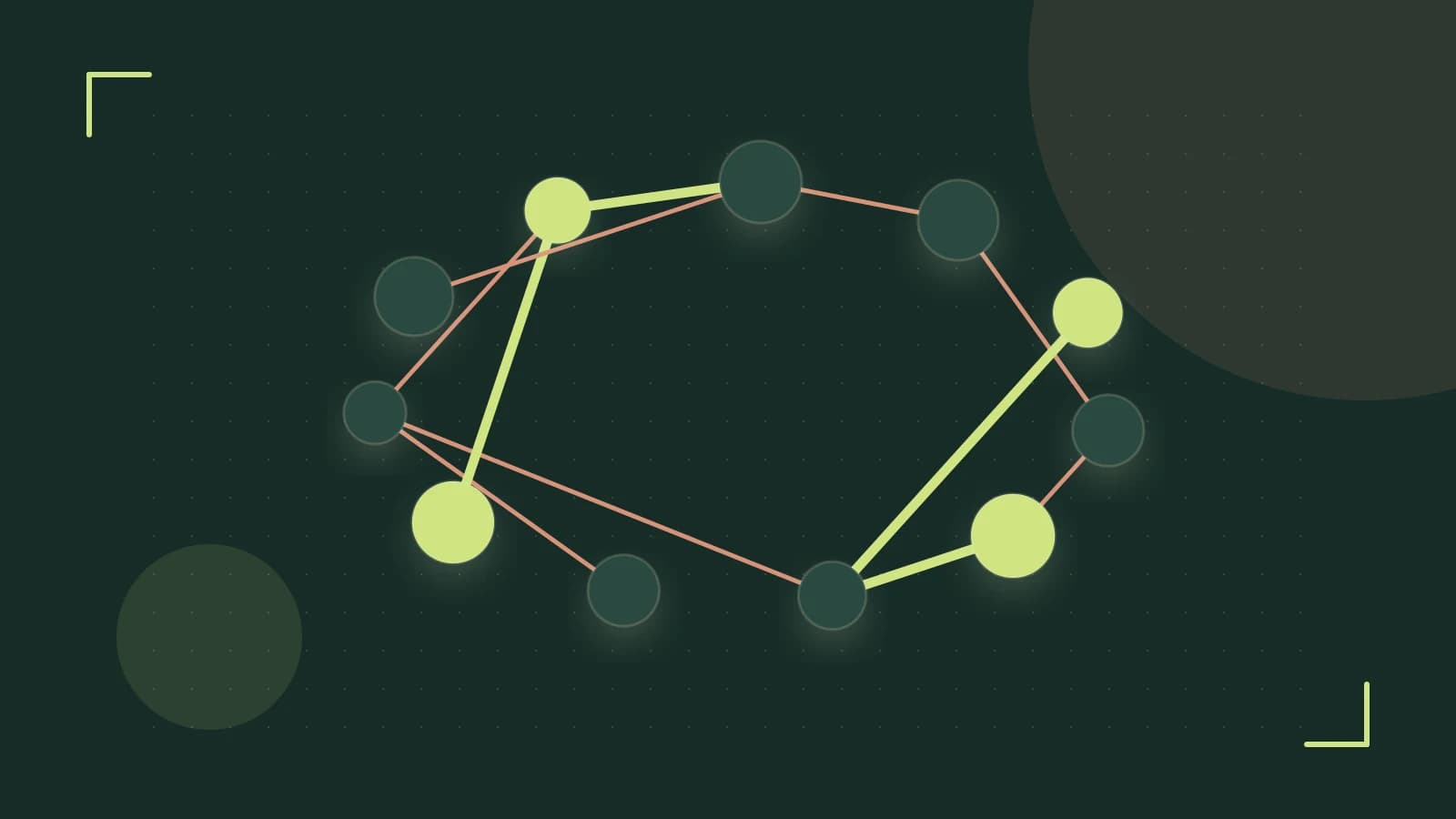 Editorial illustration of an algorithmic node graph with branching paths and a highlighted result