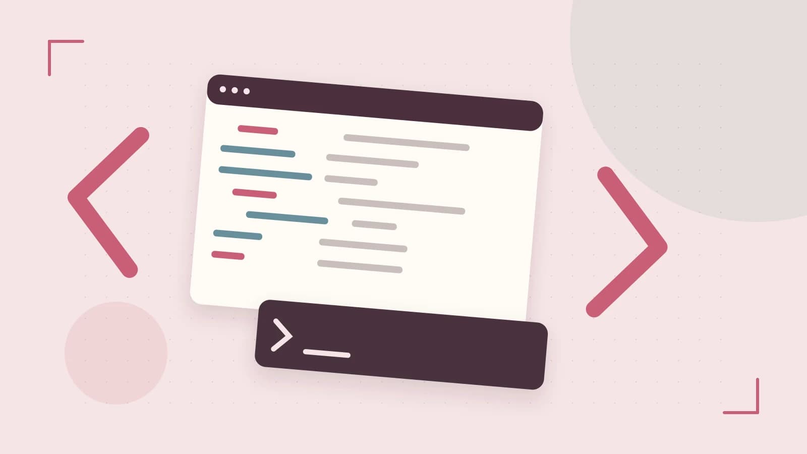 Editorial illustration of an abstract code editor, syntax blocks and oversized programming brackets