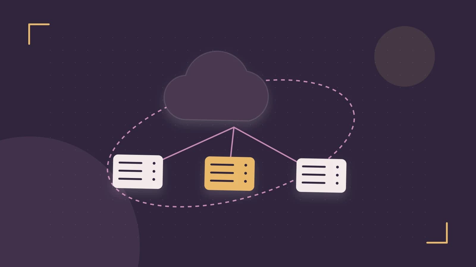 Editorial illustration of cloud infrastructure, connected server racks and an orbital service map