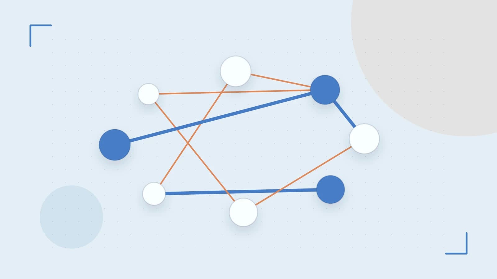 Editorial illustration of an algorithmic node graph with branching paths and a highlighted result