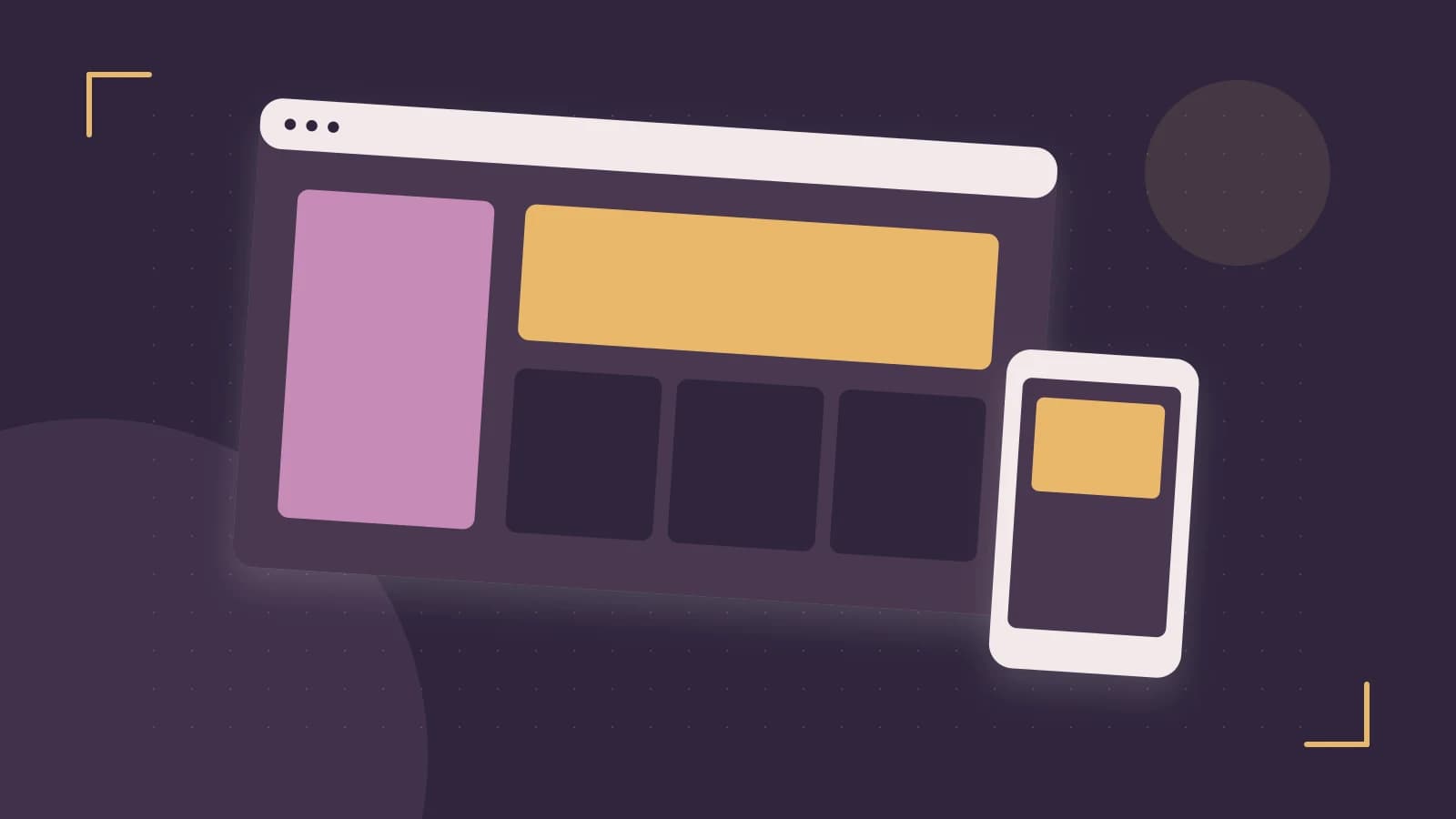 Editorial illustration of responsive browser layouts, overlapping design components and a color system