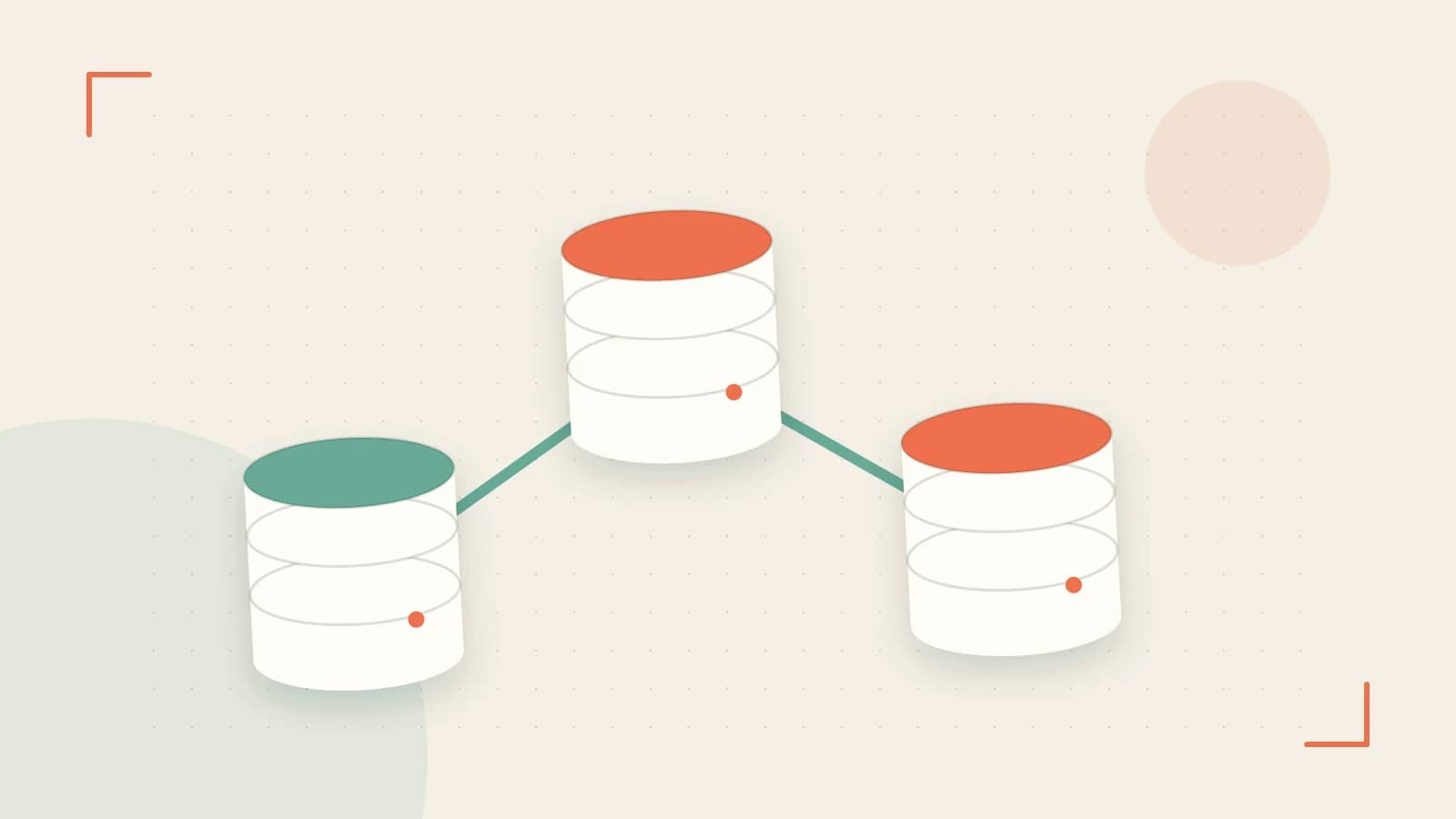 Editorial illustration of structured records, database cylinders and relationships between tables