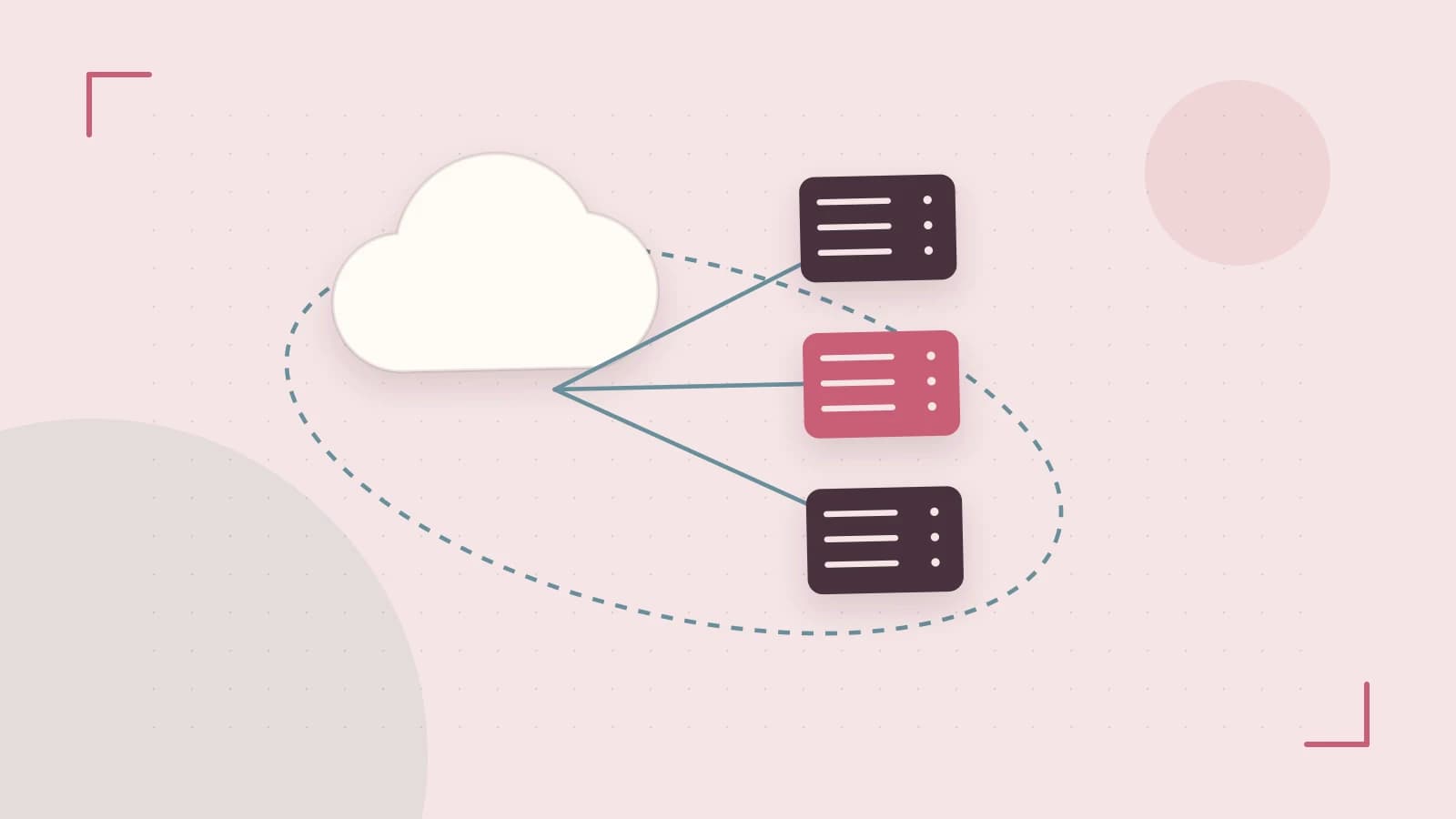 Editorial illustration of cloud infrastructure, connected server racks and an orbital service map
