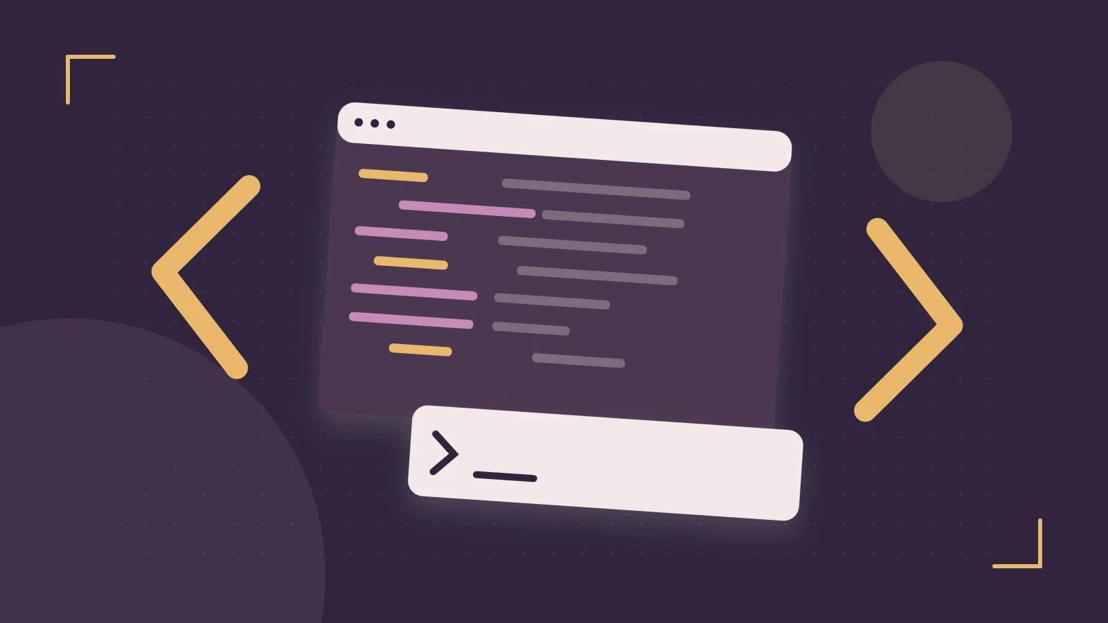 Editorial illustration of an abstract code editor, syntax blocks and oversized programming brackets