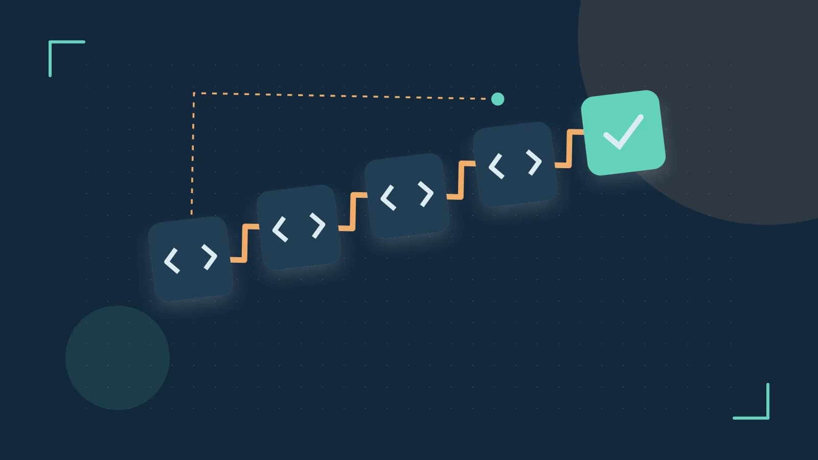 Editorial illustration of a branching build pipeline, staged transformations and a completed check