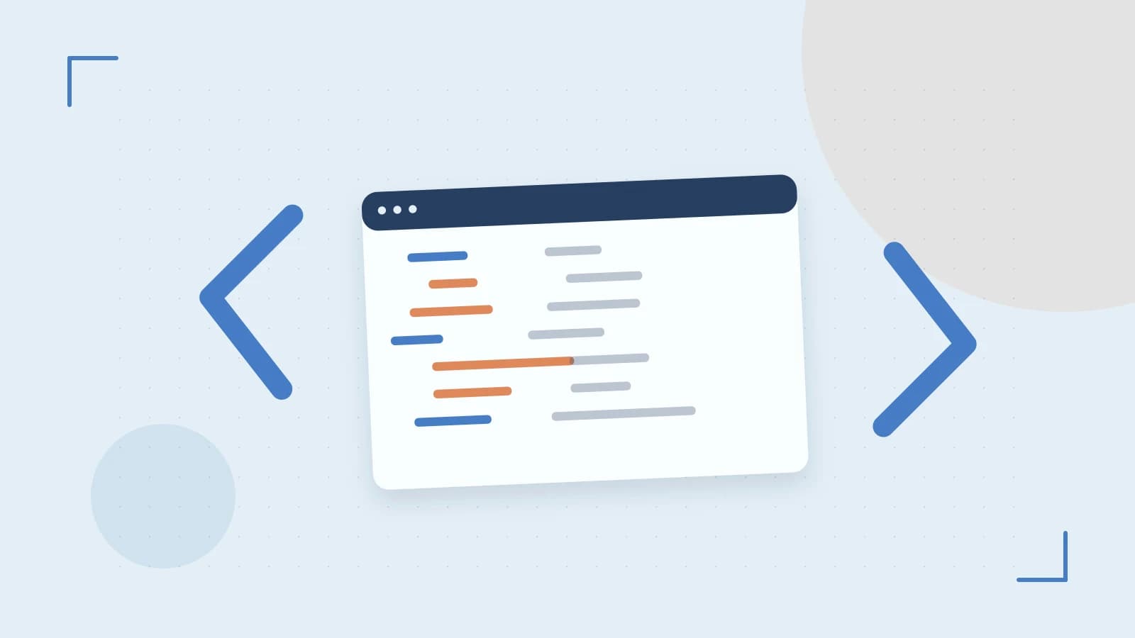 Editorial illustration of an abstract code editor, syntax blocks and oversized programming brackets