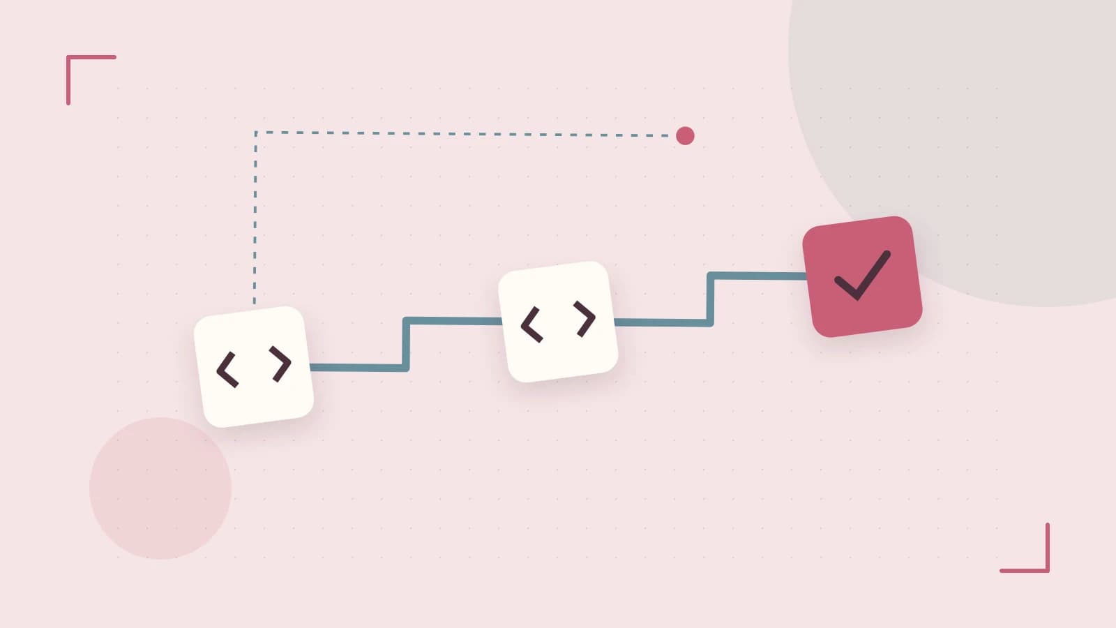 Editorial illustration of a branching build pipeline, staged transformations and a completed check